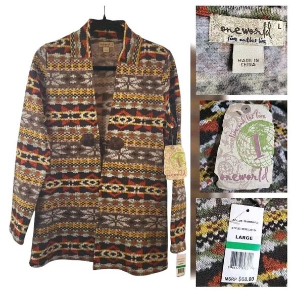 One World Jacket Womens L 12 Aztec Tribal Print Frog Closure Boho Mock Neck New - Picture 1 of 12
